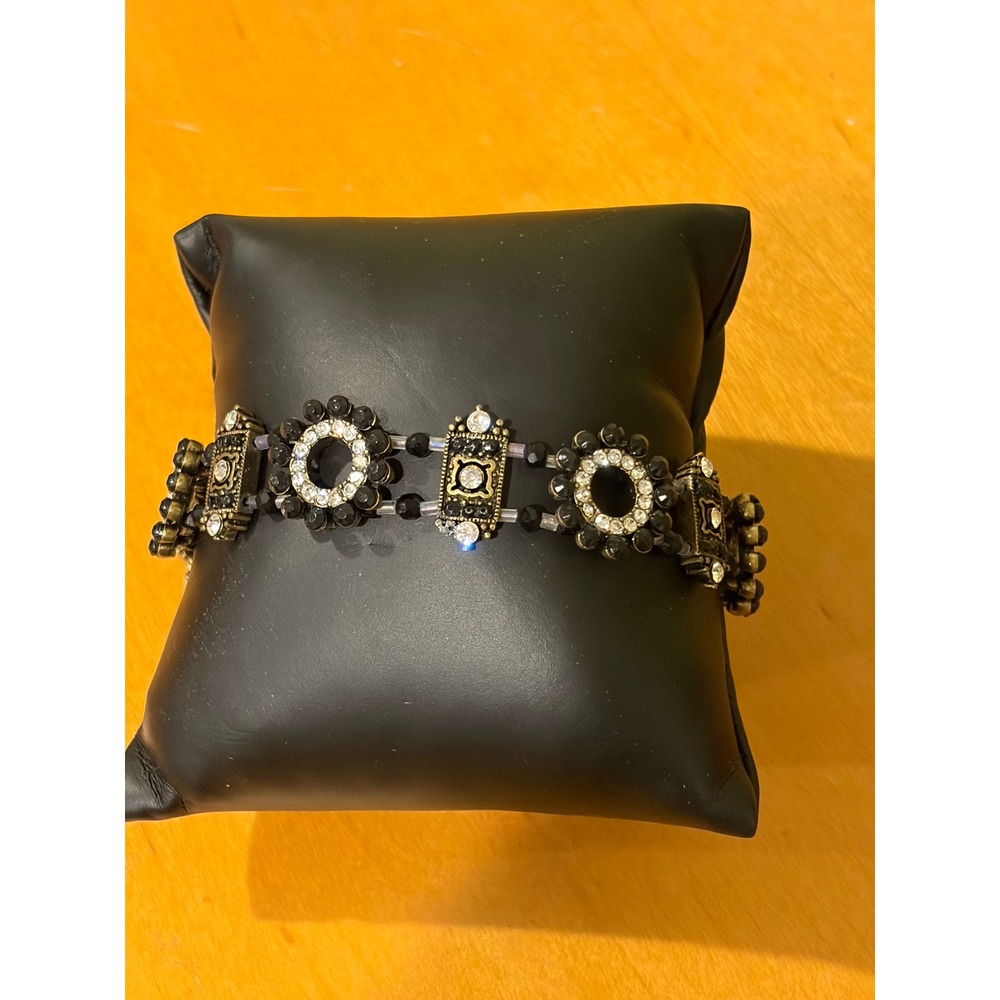 Antique look Gold Tone‎ Black Beaded Rhinestone Toggle Bracelet Statement